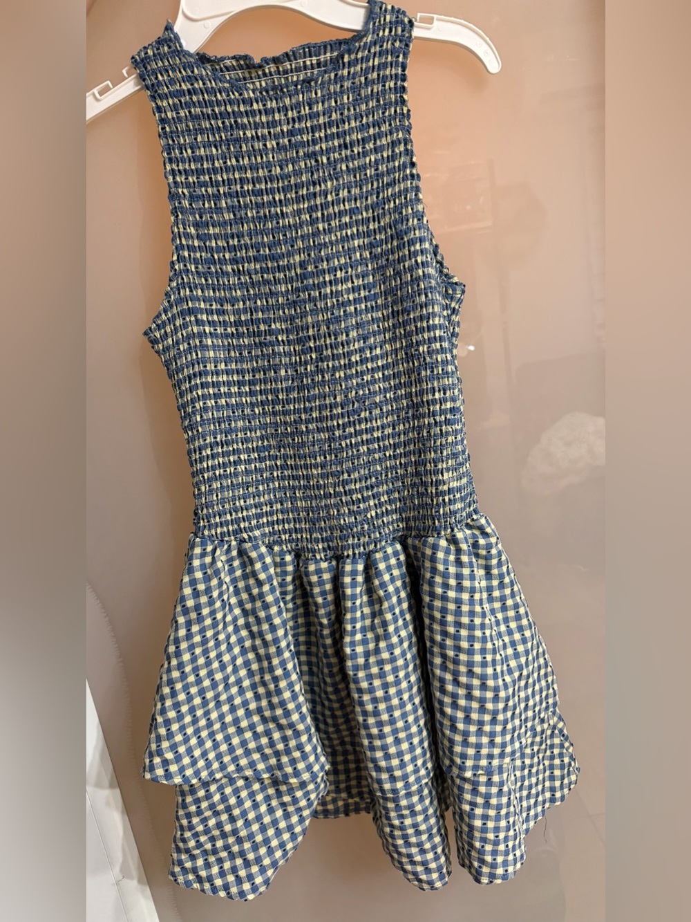 SHEIN Blue and Cream Gingham Smocked Dress